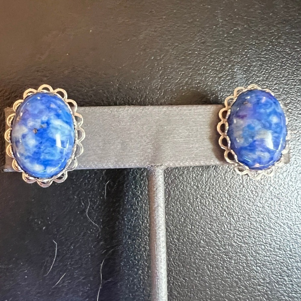 Vintage Lapis Lazuli Screw Back Earrings Open Silver‎ Tone Frame